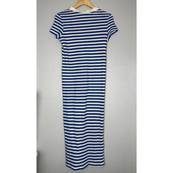 Mango Striped Blue Cream Knit Jersey Midi Dress Womens 2 Nautical Coastal Resort - Picture 6 of 10